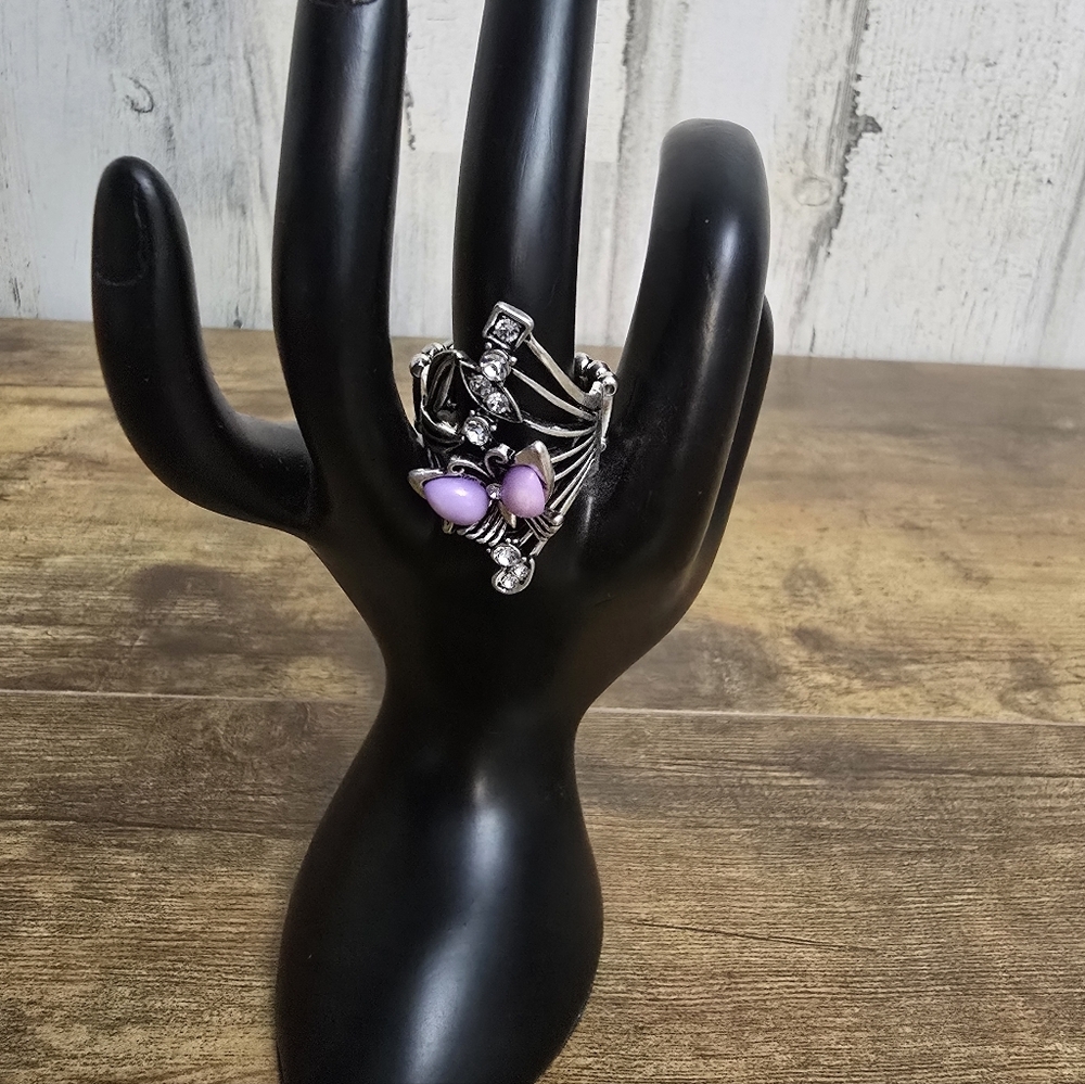 Silver Tone and Purple Butterfly Women's Stretchy Ring